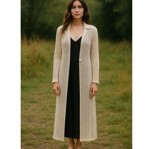 Vintage 90s Ivory Lace Knit Longline Duster Cardigan Boho Cottagecore Crochet